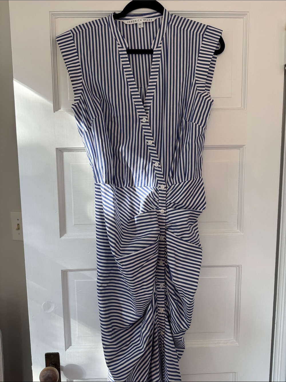 Veronica Beard Navy and White Striped Ruched Midi Dress